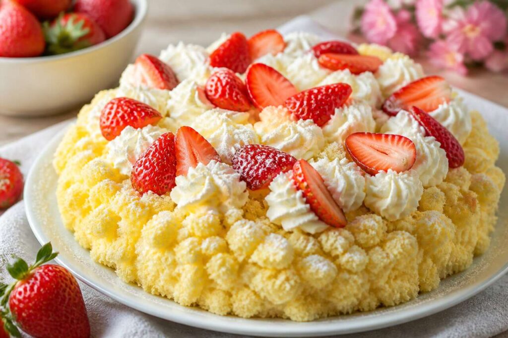 Torta mimosa rivisitata con fragole fresche, il dolce perfetto per la mamma