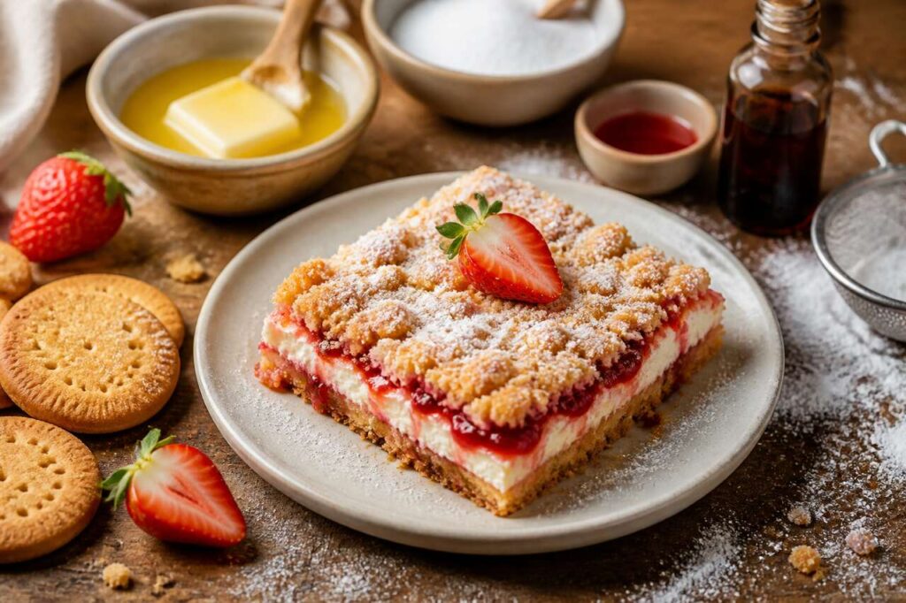 Sbriciolata alle fragole e mascarpone pronta in 10 minuti senza impastare