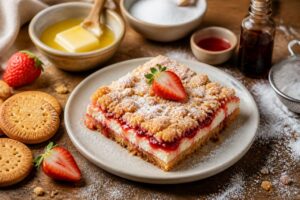 Sbriciolata alle fragole e mascarpone pronta in 10 minuti senza impastare