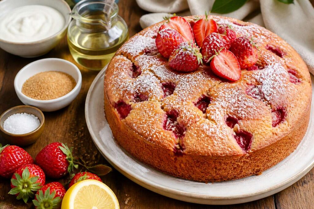 Torta di fragole e yogurt greco senza burro, pronta in 40 minuti per la merenda