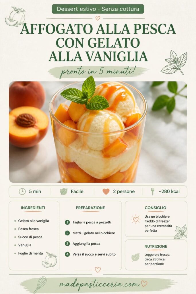 Affogato alla pesca con gelato alla vaniglia in bicchiere trasparente, dessert estivo italiano