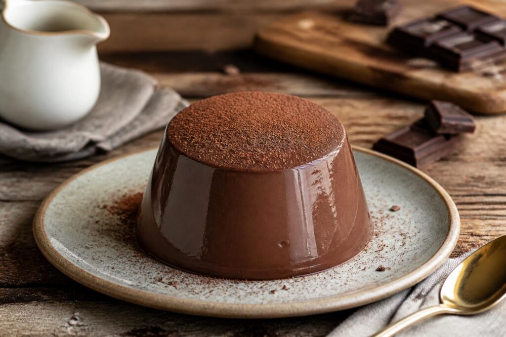 Budino freddo al cioccolato senza forno servito in stampino, lucido e cremoso, decorato con cacao amaro e riccioli di cioccolato fondente