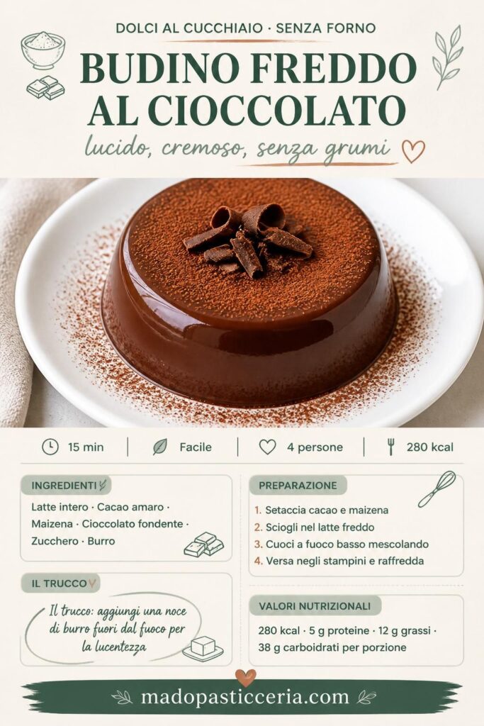 Budino freddo al cioccolato senza forno, lucido e cremoso, con cacao amaro e riccioli di cioccolato