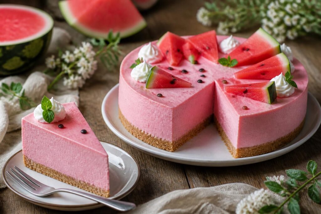Cheesecake all'anguria senza cottura tagliata a fetta, con base biscotti, crema bianca e gelée rosa trasparente, decorata con cubetti di anguria fresca
