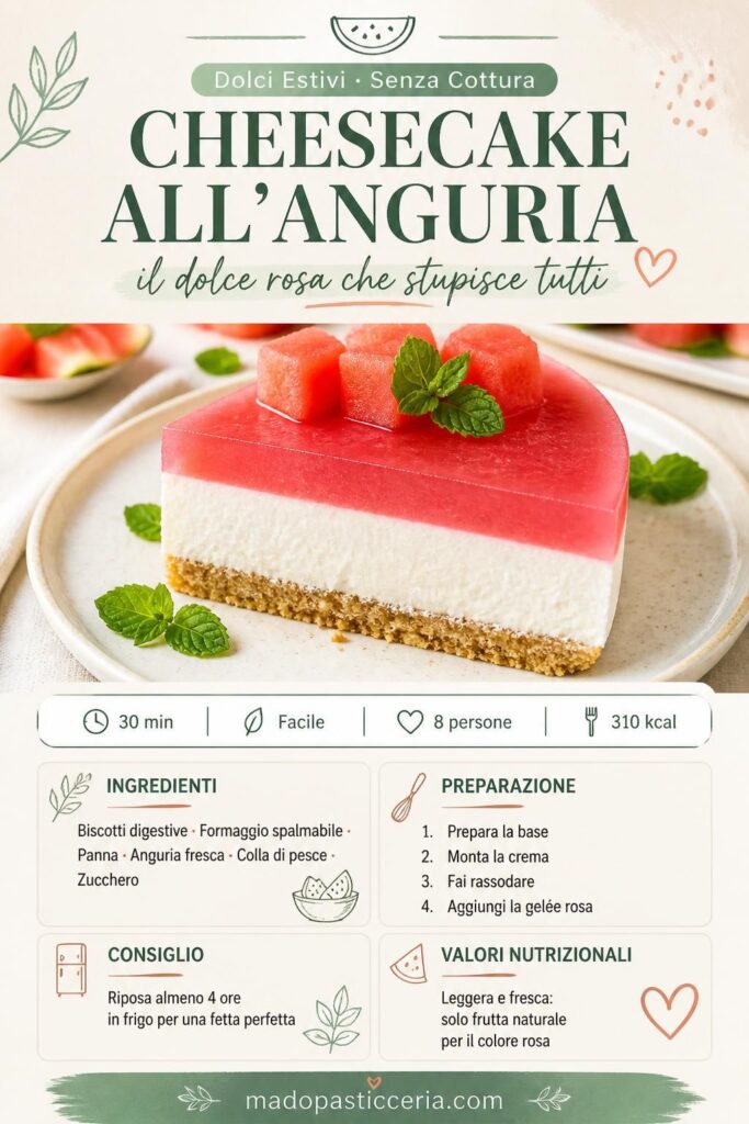 Cheesecake all'anguria senza cottura con base biscotti, crema al formaggio e gelée rosa, decorata con cubetti di anguria fresca