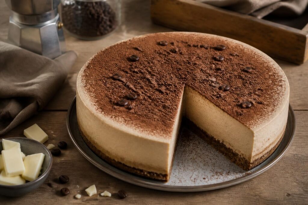 Cheesecake al caffè senza forno e senza gelatina con cioccolato bianco, decorata con chicchi di caffè ricoperti di cioccolato e cacao in polvere, su piatto bianco