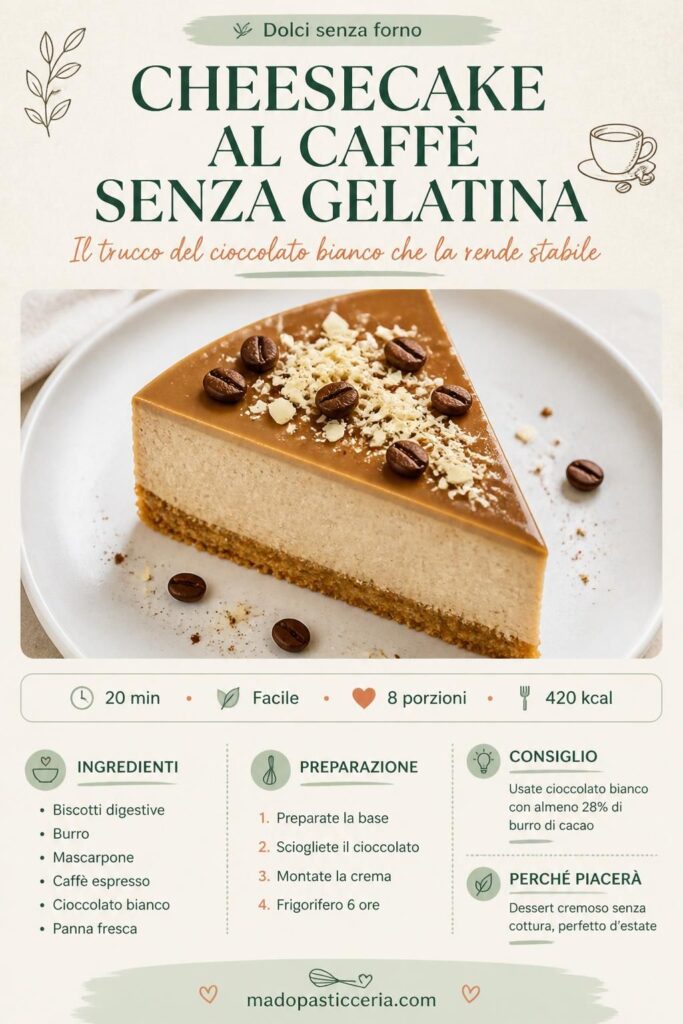 Cheesecake al caffè senza forno e senza gelatina con cioccolato bianco, decorata con cacao e chicchi di caffè