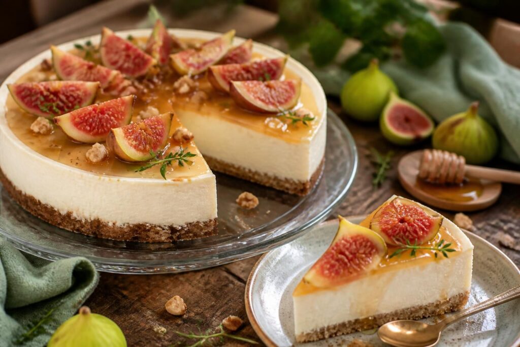 Cheesecake ai fichi e miele senza gelatina su piatto bianco, con fichi freschi tagliati a metà e filo di miele dorato