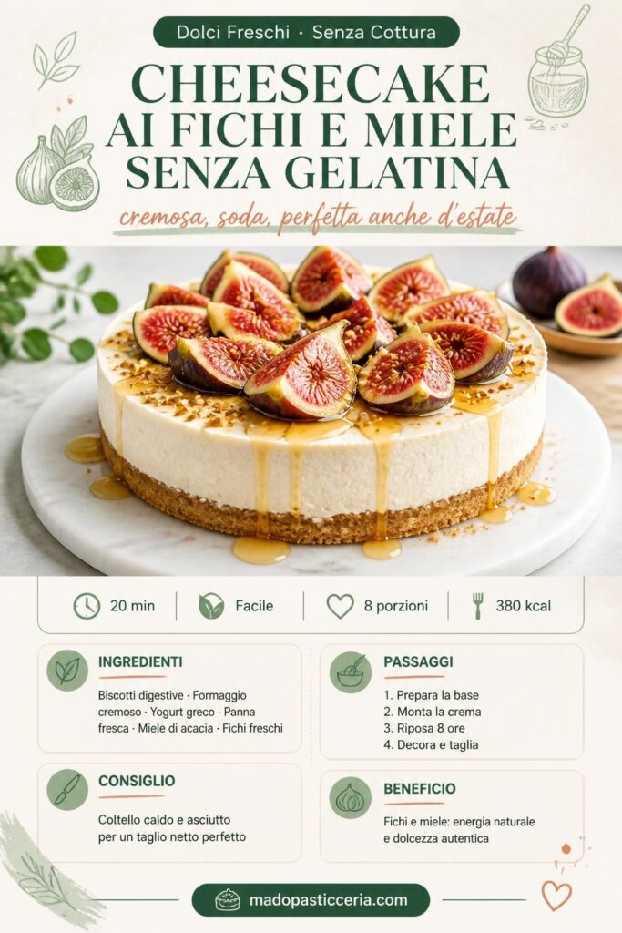 Cheesecake ai fichi e miele senza gelatina con fichi freschi e filo di miele dorato