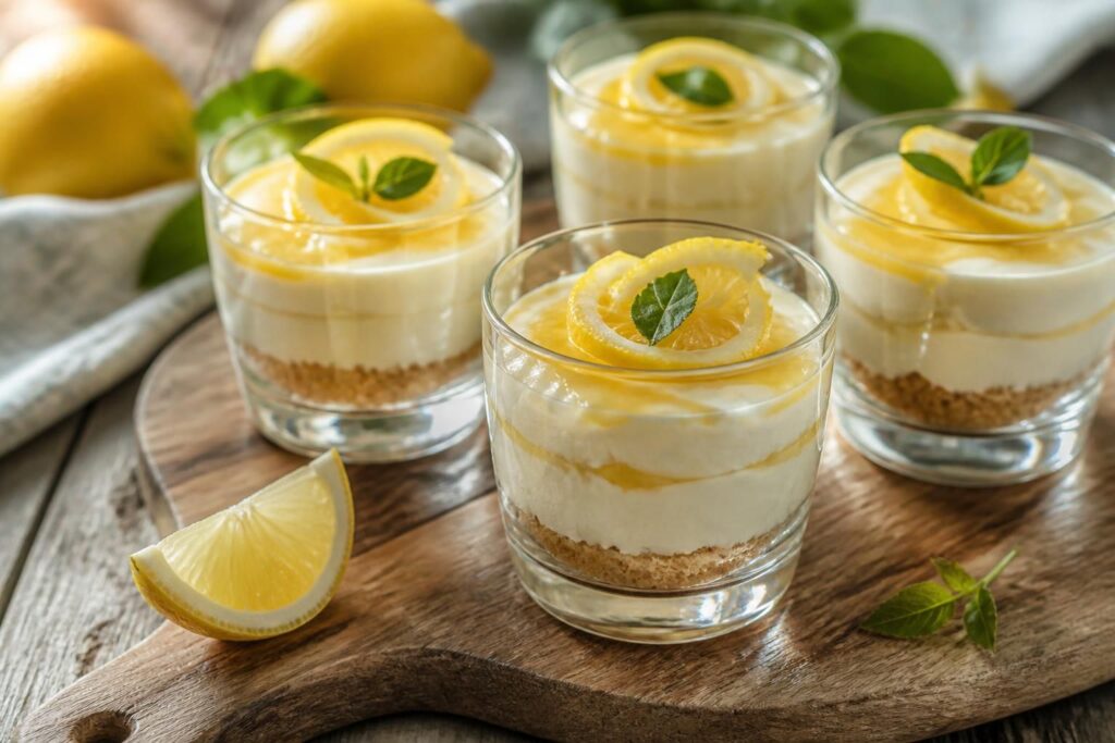 Cheesecake al limone nel bicchiere senza cottura: bicchieri trasparenti con base di biscotti Digestive, crema al limone soffice e scorza grattugiata in superficie