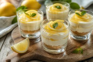 Cheesecake al limone nel bicchiere senza cottura: bicchieri trasparenti con base di biscotti Digestive, crema al limone soffice e scorza grattugiata in superficie