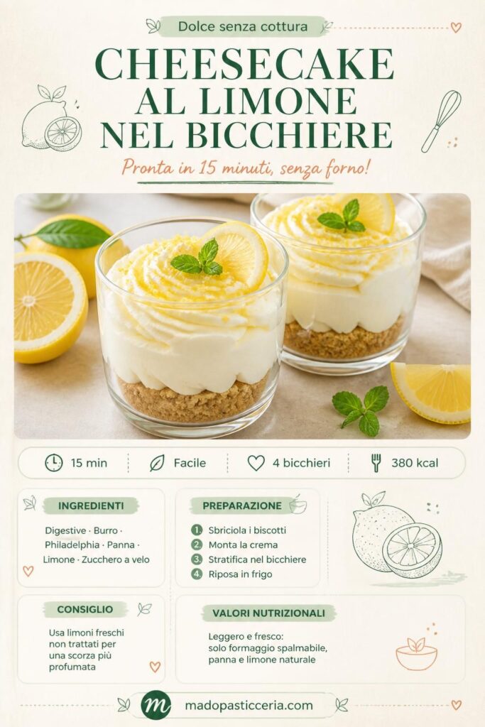Cheesecake al limone nel bicchiere senza cottura: pin Pinterest con stratificazione biscotti, crema e topping agrumato