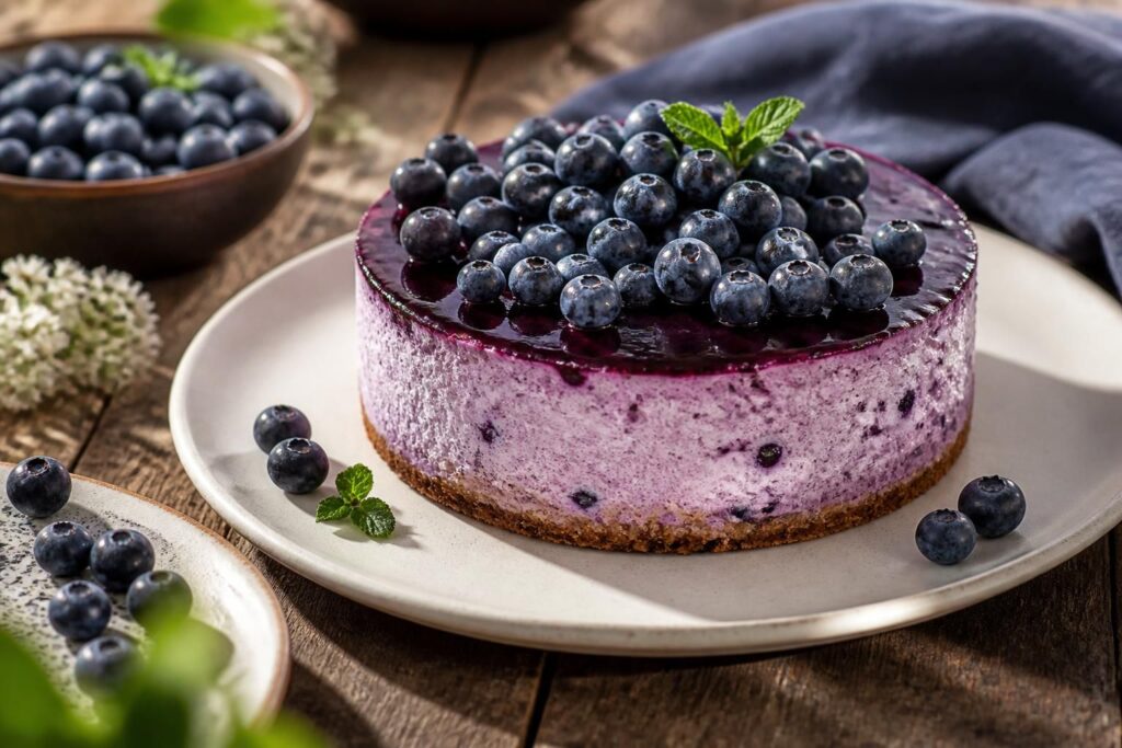 Cheesecake ai mirtilli senza gelatina con crema alta e compatta, decorata con mirtilli freschi e coulis viola su base biscotto croccante, vista dall'alto