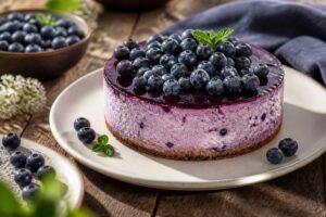Cheesecake ai mirtilli senza gelatina con crema alta e compatta, decorata con mirtilli freschi e coulis viola su base biscotto croccante, vista dall'alto