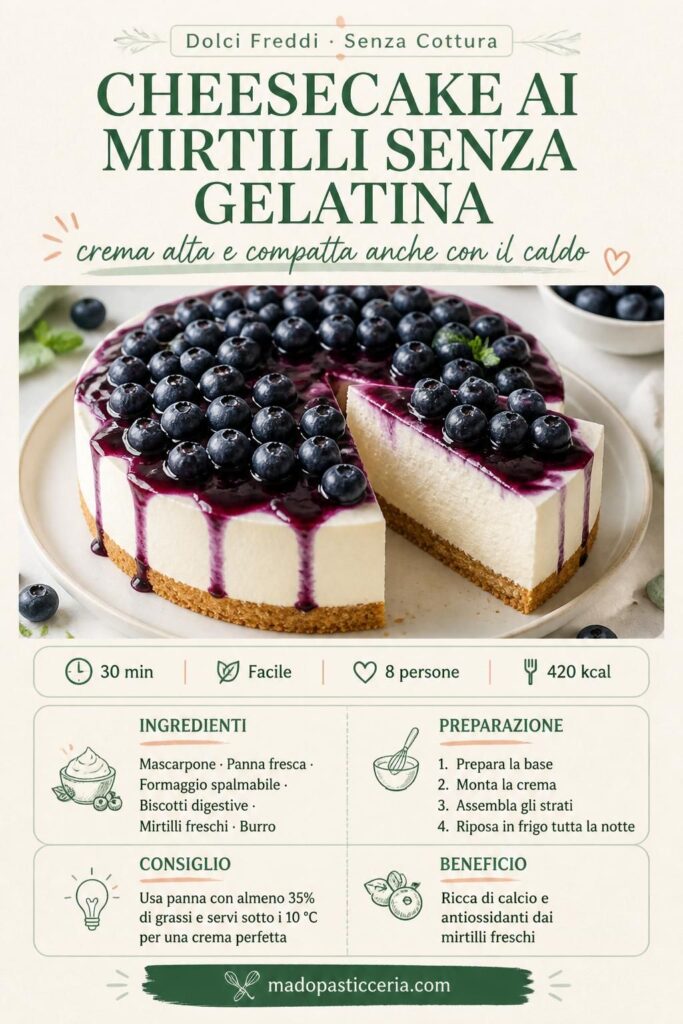 Cheesecake ai mirtilli senza gelatina con crema alta e compatta, vista dall'alto con mirtilli freschi e coulis viola