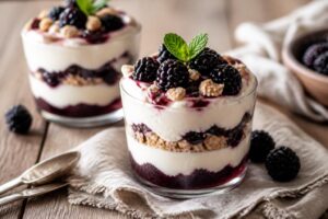 Coppa fredda al mascarpone e more con strati visibili di crema bianca, more fresche lucide e biscotti sbriciolati, servita in bicchiere trasparente su sfondo chiaro