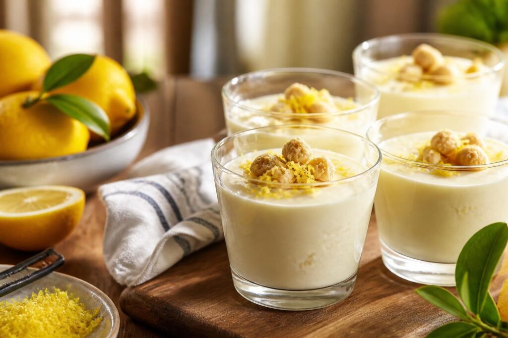 Crema fredda al limone servita in bicchiere trasparente con scorza grattugiata e foglie di menta fresca, su superficie di marmo bianco