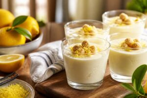 Crema fredda al limone servita in bicchiere trasparente con scorza grattugiata e foglie di menta fresca, su superficie di marmo bianco