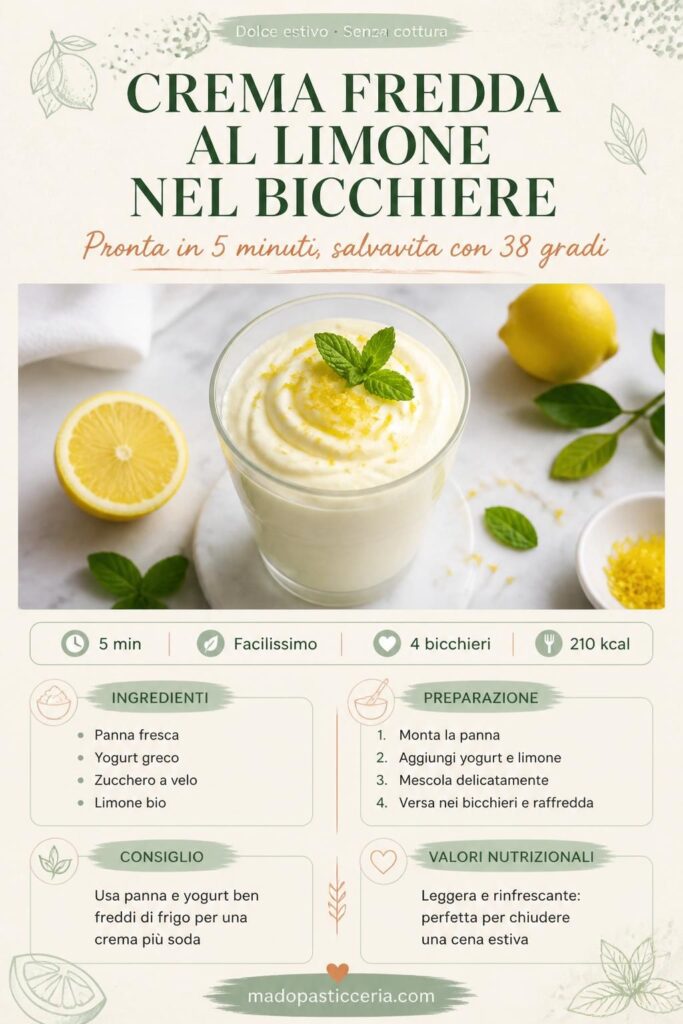 Crema fredda al limone nel bicchiere trasparente con scorza e menta, vista dall'alto su marmo bianco