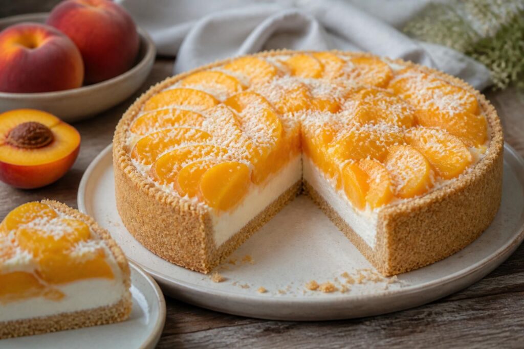 Crostata fredda al cocco e pesche con base croccante di biscotti, crema al cocco e fettine di pesca fresca su piatto bianco