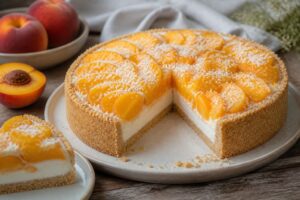 Crostata fredda al cocco e pesche con base croccante di biscotti, crema al cocco e fettine di pesca fresca su piatto bianco