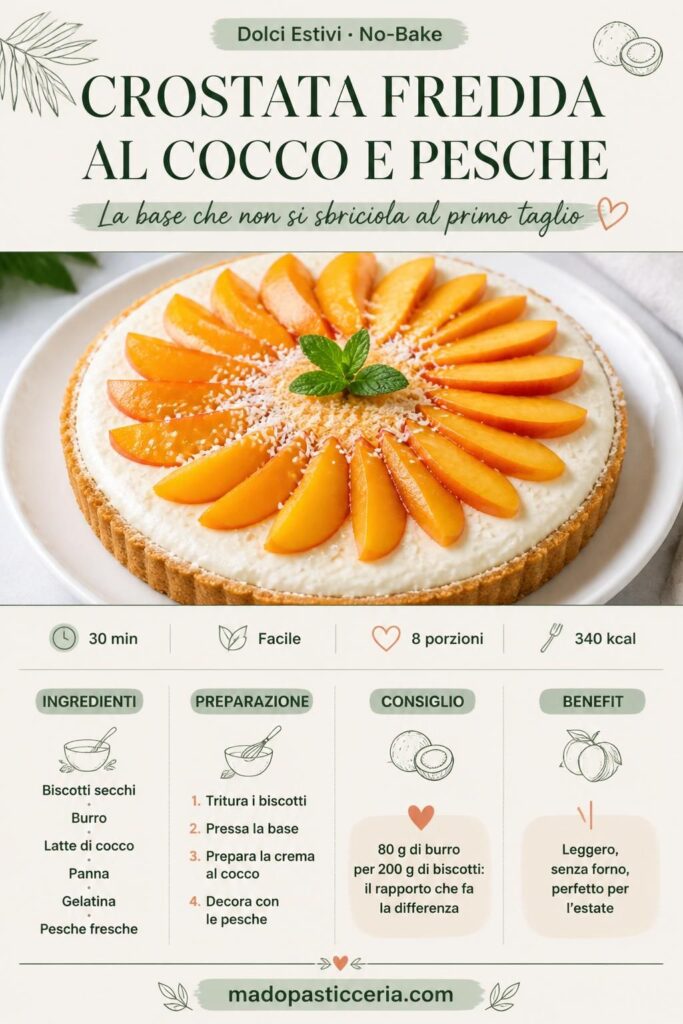Crostata fredda al cocco e pesche con base croccante di biscotti e fettine di pesca fresca