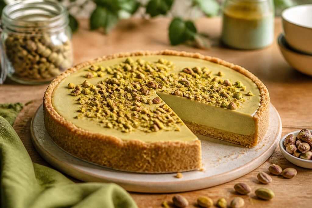 Crostata fredda al pistacchio senza forno con base di biscotti compatta e crema vellutata al pistacchio di Bronte, vista dall'alto su piano di marmo bianco