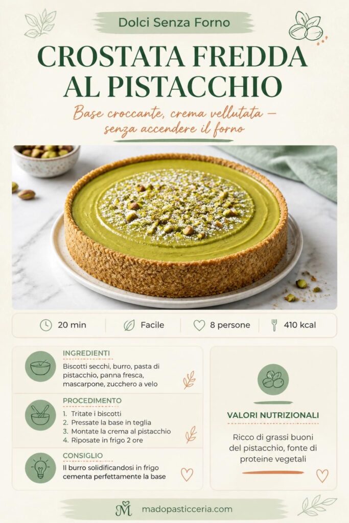 Crostata fredda al pistacchio senza forno con base di biscotti compatta e crema verde vellutata, vista dall'alto