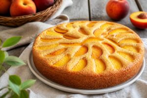 Crostata morbida alle pesche appena sfornata con fette di frutta disposte in superficie, su teglia rotonda da 24 cm