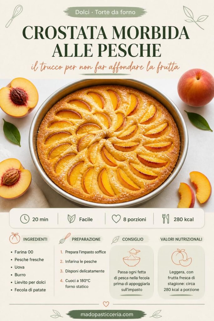 Crostata morbida alle pesche con frutta in superficie - pin Pinterest madopasticceria.com