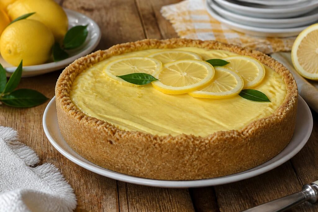Crostata senza forno con crema al limone e base di biscotti croccante, vista dall'alto su un piatto bianco con scorza di limone grattugiata
