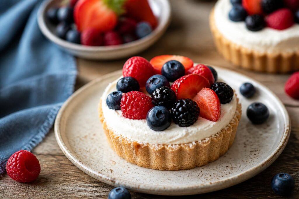 Crostatine fredde con ricotta e frutti di bosco su un piano di legno chiaro, decorate con mirtilli, lamponi e more freschi