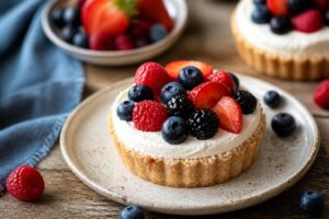 Crostatine fredde con ricotta e frutti di bosco su un piano di legno chiaro, decorate con mirtilli, lamponi e more freschi