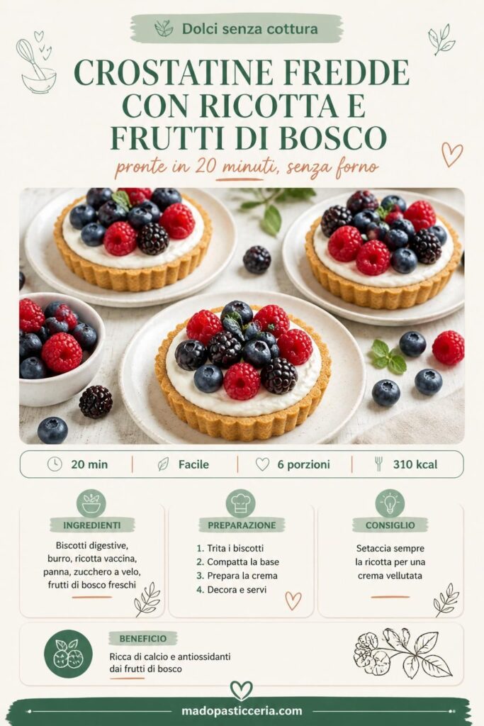 Crostatine fredde con ricotta e frutti di bosco su piano di legno chiaro, con mirtilli, lamponi e more fresche