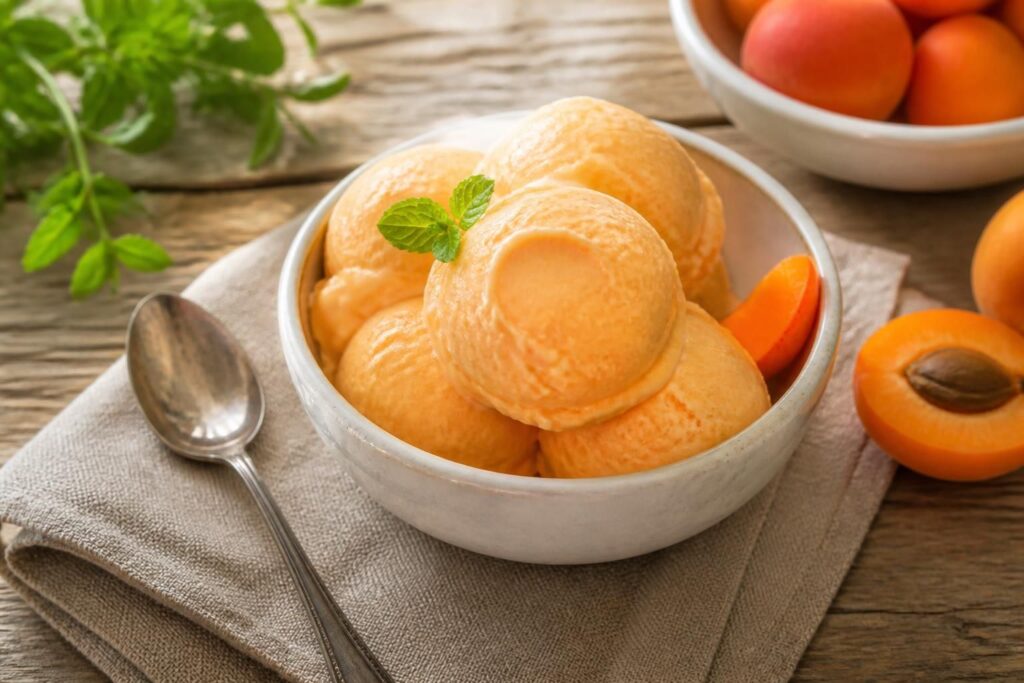Gelato all'albicocca senza panna servito in una coppetta bianca, con albicocche fresche e foglie di menta, su sfondo di legno chiaro