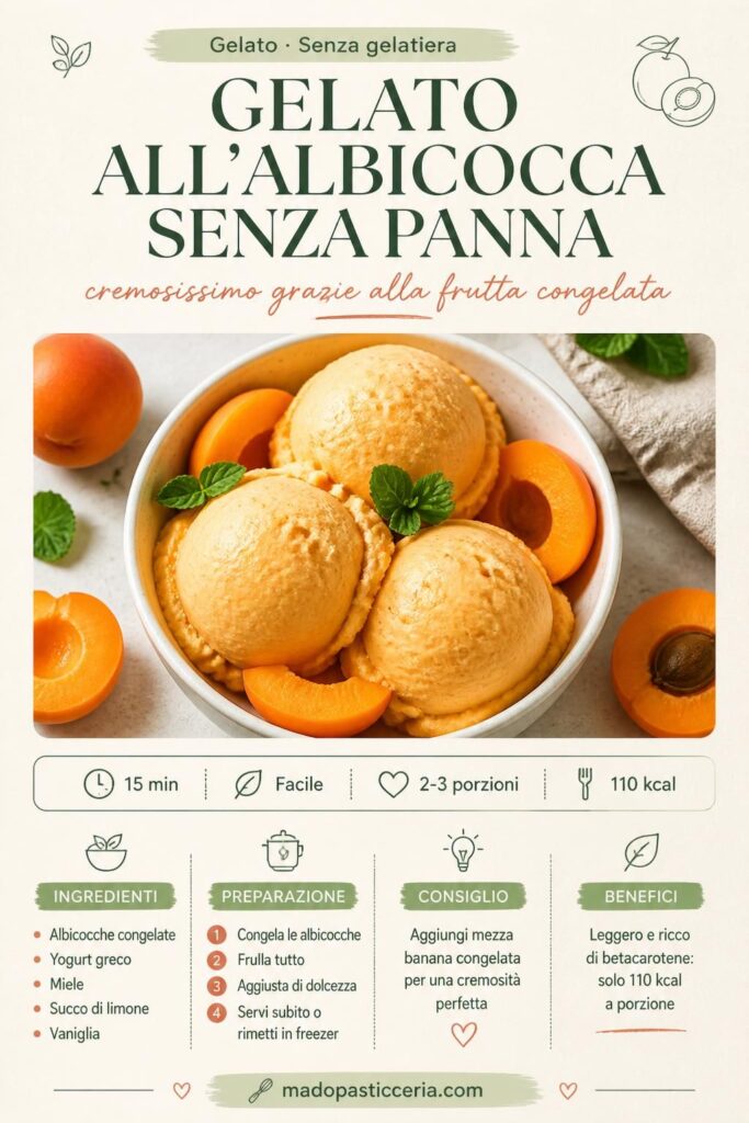 Gelato all'albicocca senza panna con frutta congelata, servito in coppetta bianca con albicocche fresche e menta