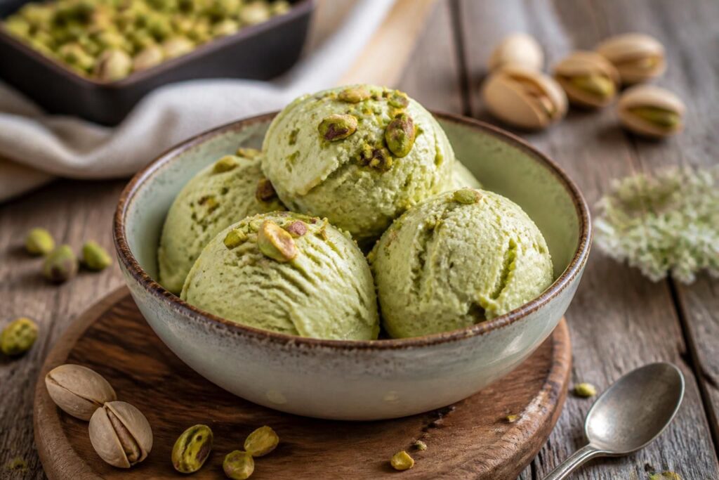 Gelato furbo al pistacchio senza gelatiera in una vaschetta bianca, con granella di pistacchi freschi e un cucchiaio affondato nella crema verde pallido