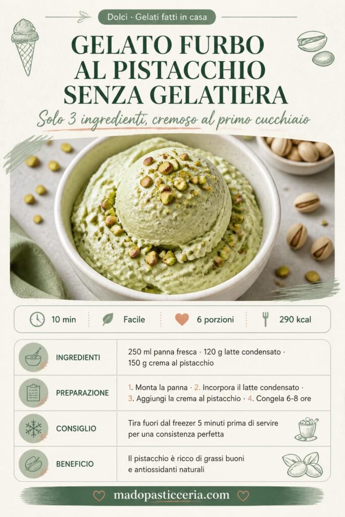 Gelato furbo al pistacchio senza gelatiera in vaschetta bianca con granella di pistacchi