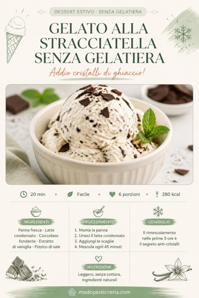 Gelato alla stracciatella senza gelatiera: pin Pinterest con ricetta anti-cristalli e scaglie di cioccolato fondente