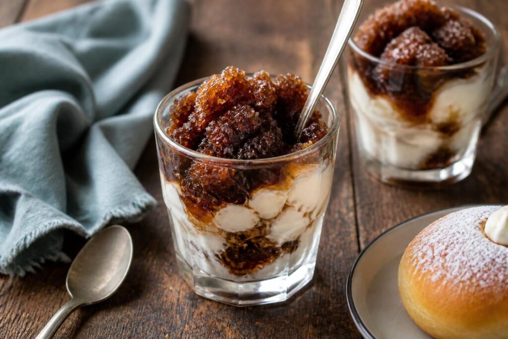Granita al caffè con crema di ricotta in una coppa di vetro, servita con brioche col tuppo su sfondo chiaro in stile siciliano