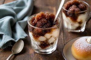 Granita al caffè con crema di ricotta in una coppa di vetro, servita con brioche col tuppo su sfondo chiaro in stile siciliano