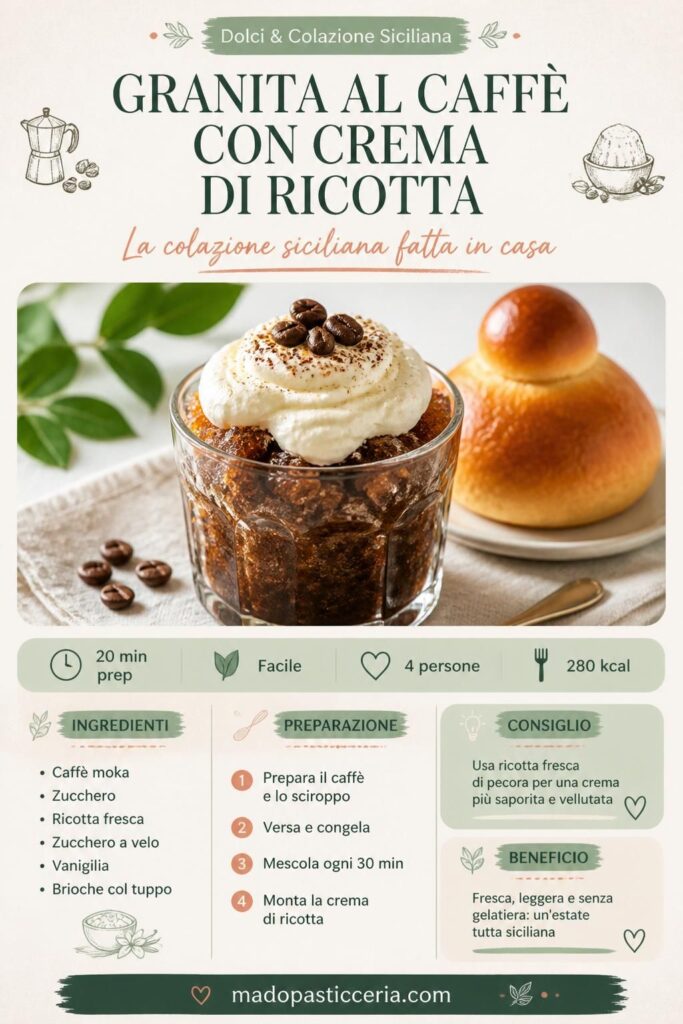 Granita al caffè con crema di ricotta in coppa di vetro, con brioche col tuppo, colazione siciliana