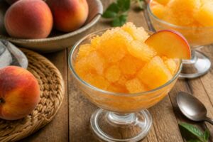 Granita alla pesca senza gelatiera in una coppetta di vetro, con texture granulosa e cremosa, servita con brioche siciliana e pesche fresche sullo sfondo