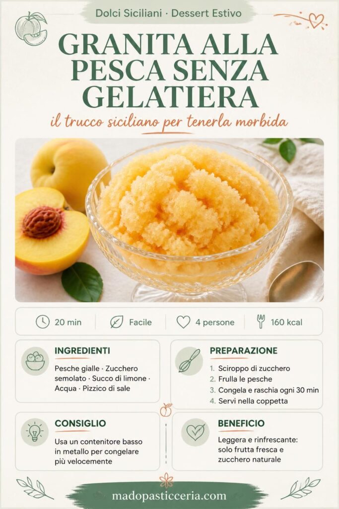 Granita alla pesca senza gelatiera: il trucco siciliano per tenerla morbida, servita in coppetta di vetro con pesche fresche