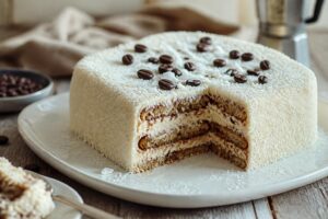 Mattonella fredda al cocco e caffè tagliata a fette su un piatto da portata bianco, con cocco grattugiato spolverato sopra e chicchi di caffè come decorazione