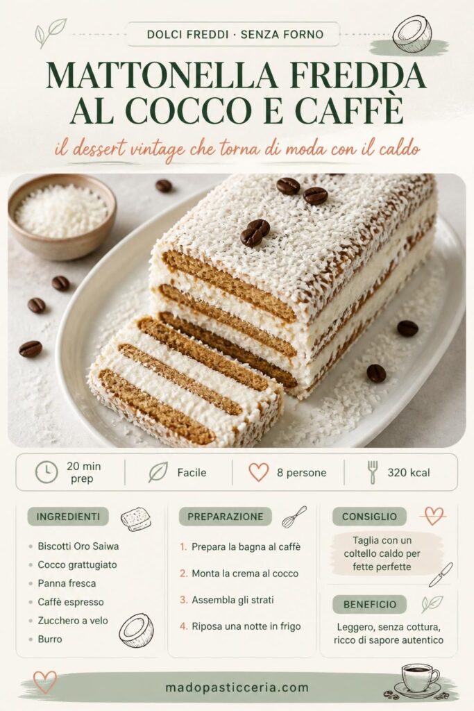 Mattonella fredda al cocco e caffè tagliata a fette, con cocco grattugiato e chicchi di caffè, su piatto bianco