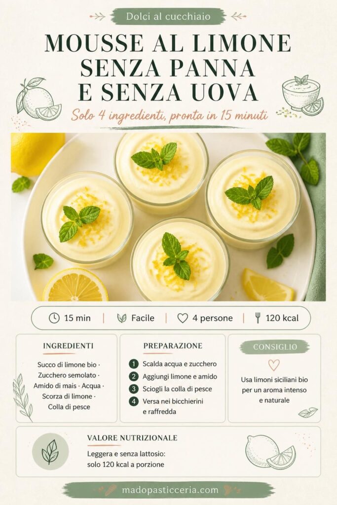 Mousse al limone senza panna e senza uova in bicchierini di vetro con scorza grattugiata e menta fresca
