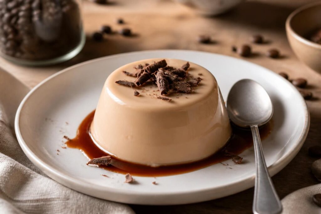 Panna cotta al caffè senza colla di pesce servita in bicchierino trasparente con salsa al caffè e granella di caffè, su sfondo beige