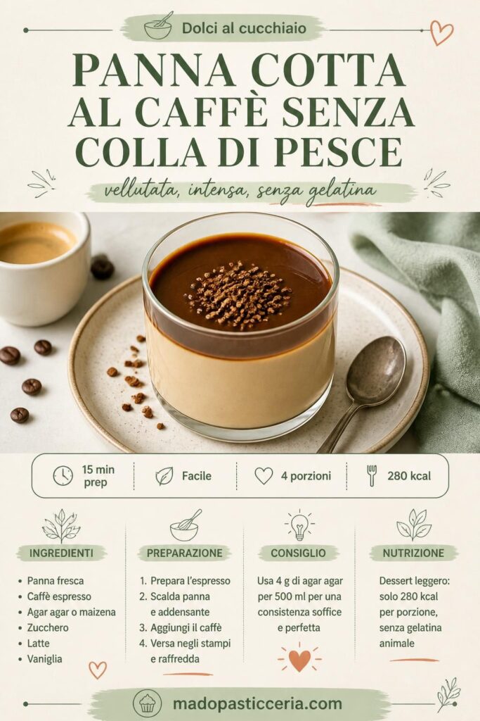 Panna cotta al caffè senza colla di pesce in bicchierino con salsa al caffè e granella, vista dall'alto