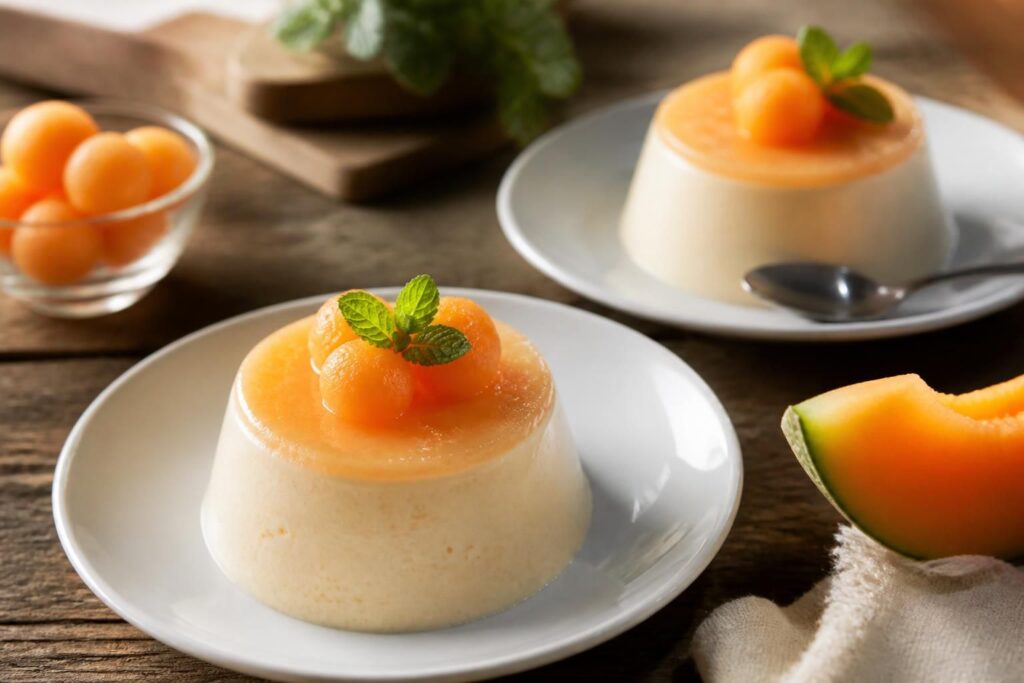 Panna cotta al melone senza forno servita in uno stampino su vassoio di legno chiaro, decorata con cubetti di melone Cantalupo fresco e foglie di menta